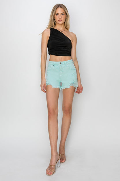 Mid Waist Frayed Hem Denim Shorts