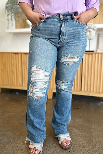 Full Size Distressed Raw Hem Bootcut Jeans