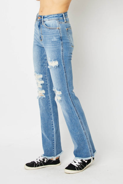 Full Size Distressed Raw Hem Bootcut Jeans