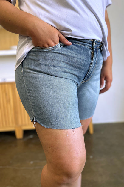 Full Size High Waist Raw Hem Denim Shorts