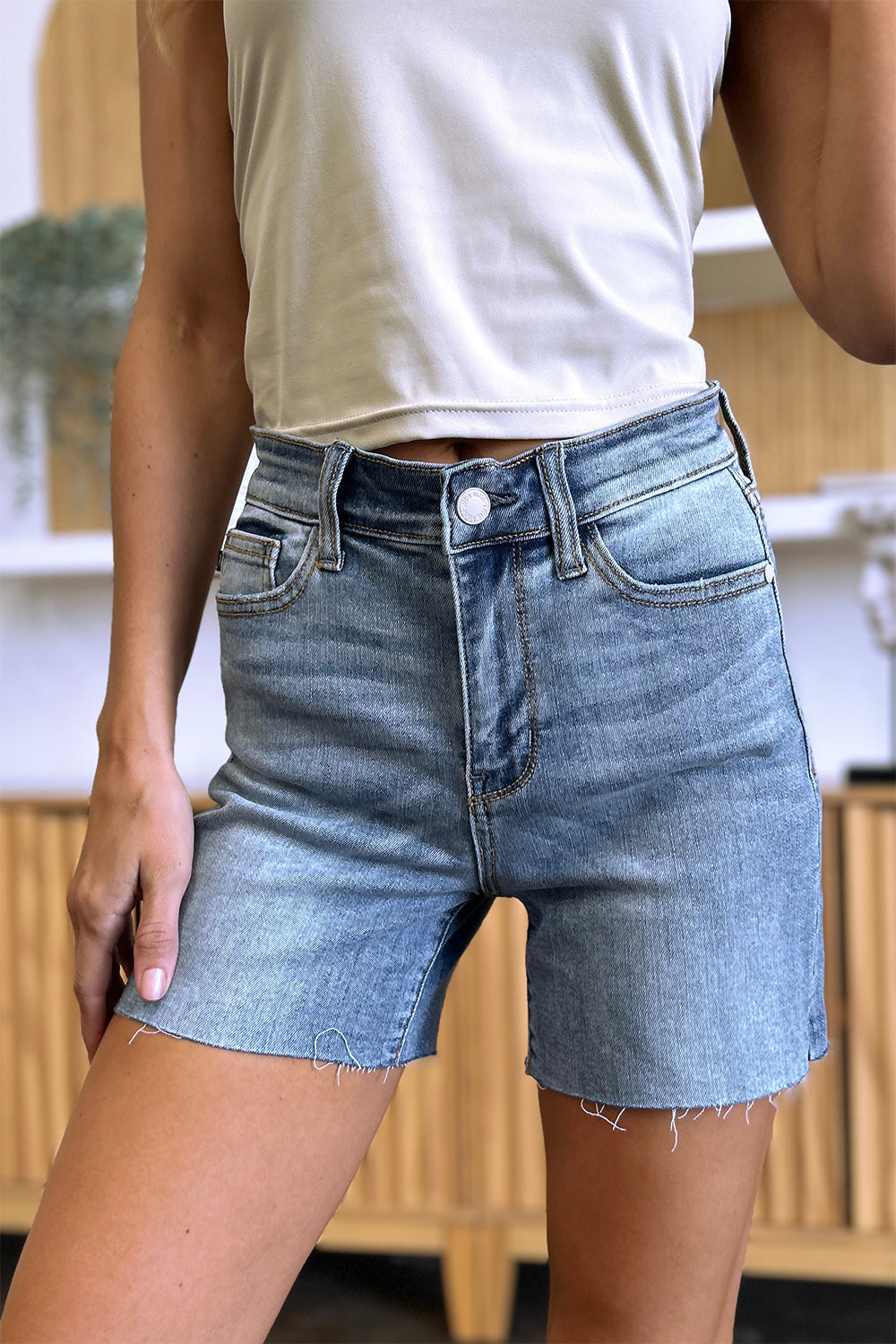 Full Size High Waist Raw Hem Denim Shorts