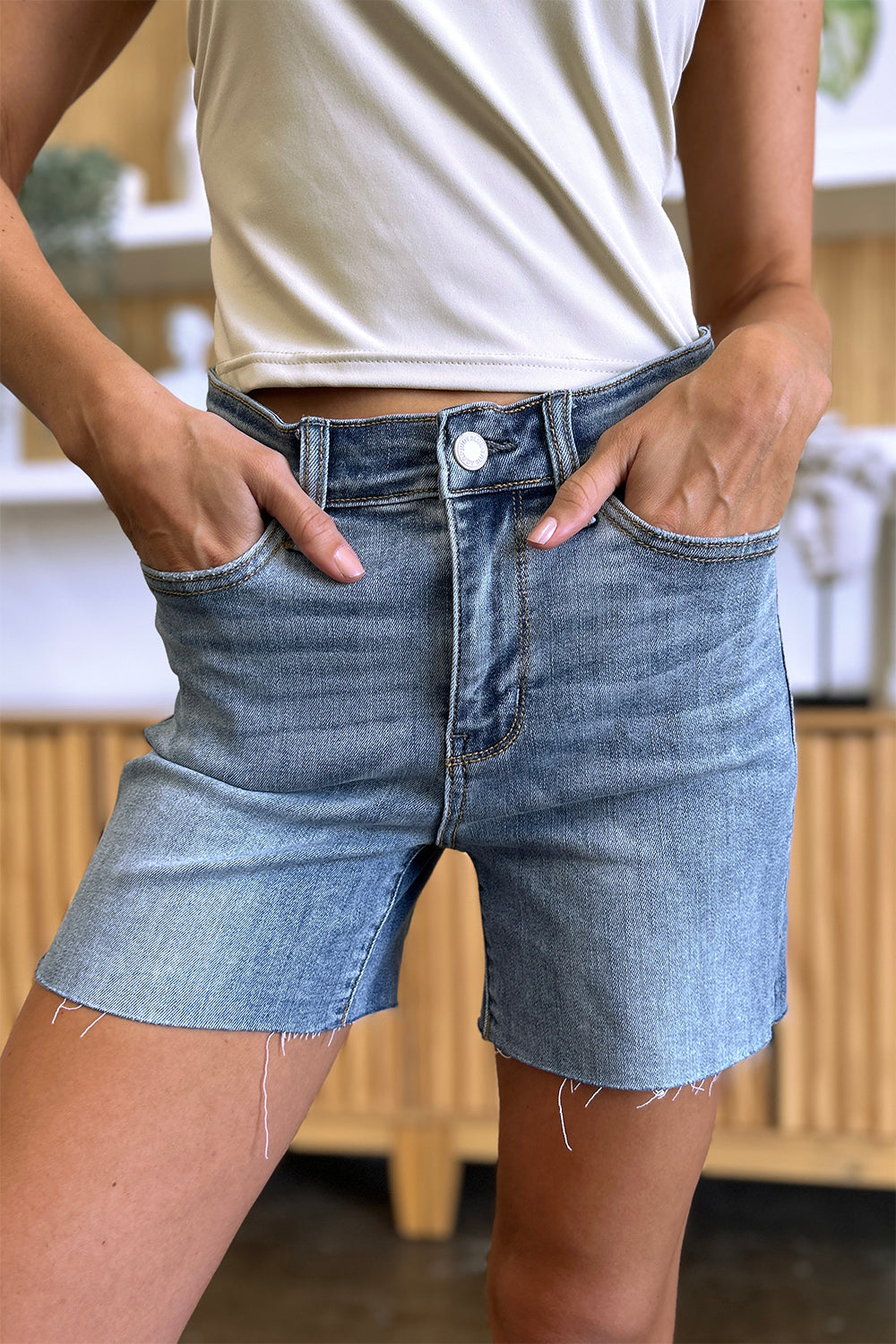 Full Size High Waist Raw Hem Denim Shorts