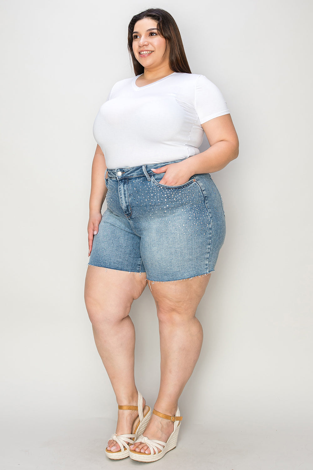 Full Size High Waist Raw Hem Denim Shorts