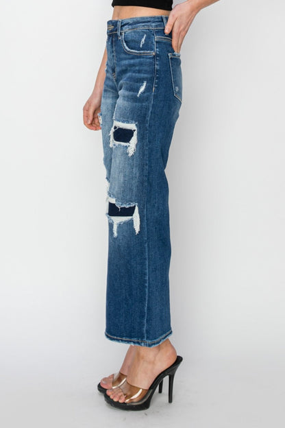 Full Size High Rise Patch Detailed Wide Leg Crop Jeans