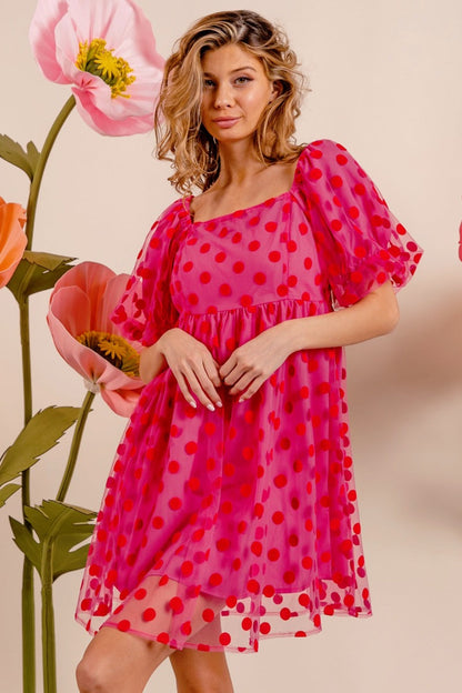 Polka Dot Mesh Puff Sleeve Dress