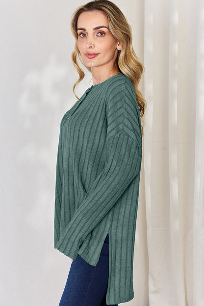 Basic Bae Full Size Ribbed Half Button Long Sleeve High-Low T-Shirt