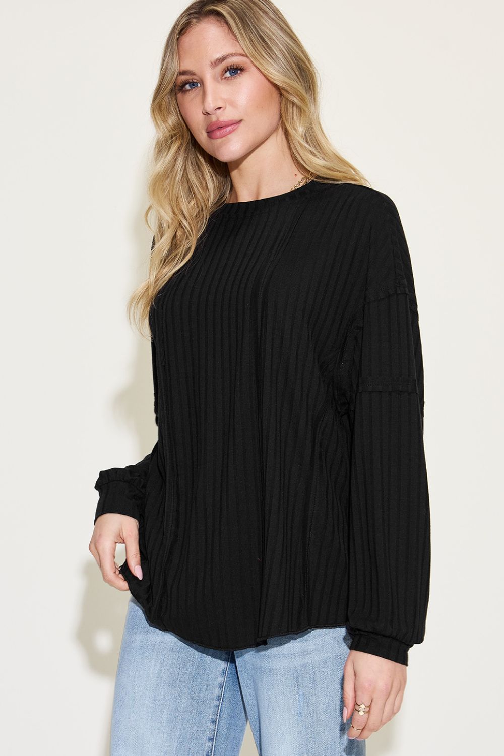 Basic Bae Full Size Ribbed Round Neck Long Sleeve T-Shirt