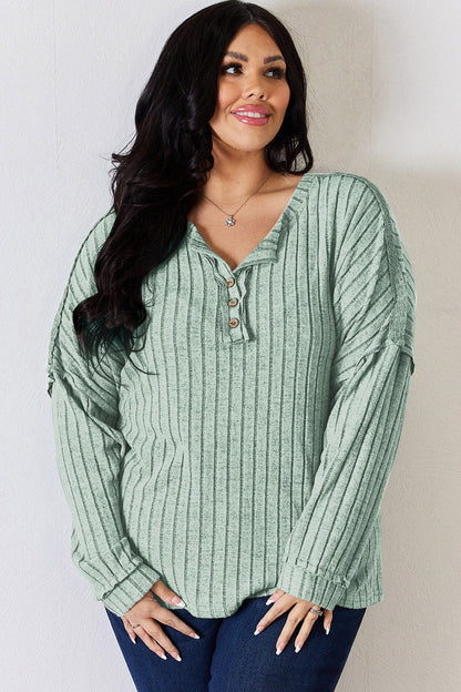 Basic Bae Full Size Ribbed Half Button Long Sleeve T-Shirt