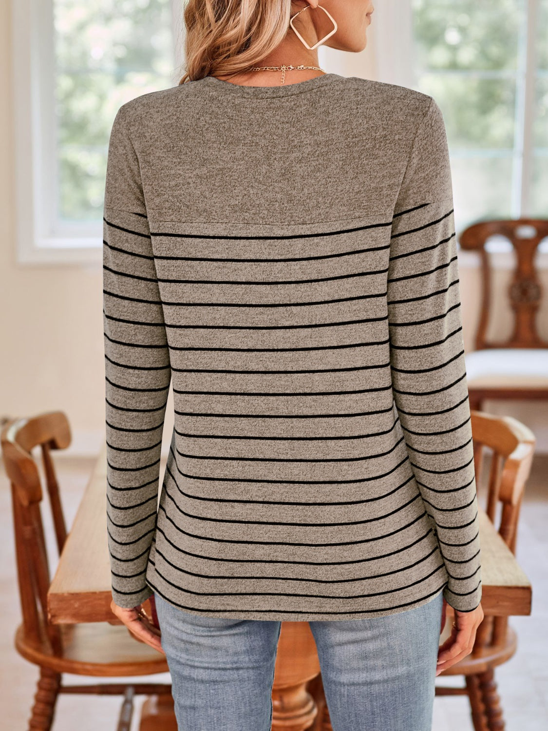 Quarter Button Striped Round Neck Long Sleeve T-Shirt