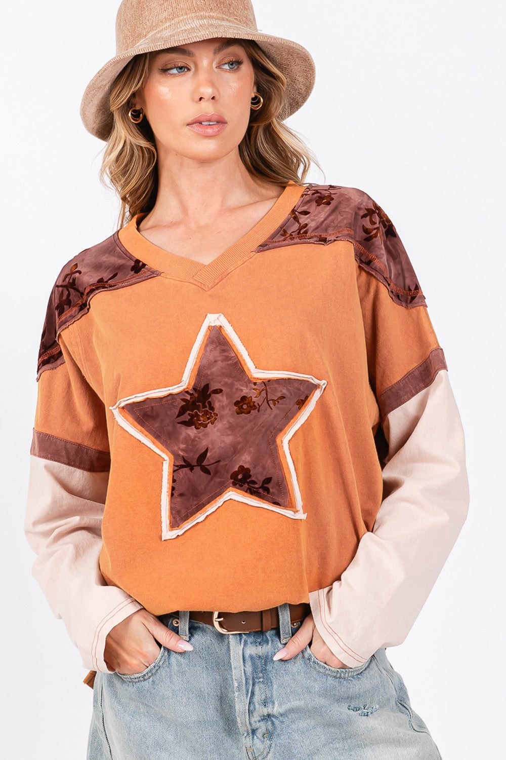 SAGE + FIG Star Patch Long Sleeve Color Block T-Shirt