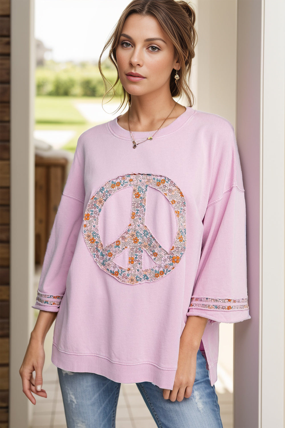 Full Size Peace Sign Applique Round Neck T-Shirt