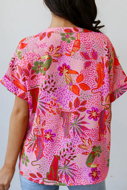 Printed Notched Short Sleeve Top